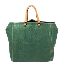 Pre Owned Carolina Herrera Green/Beige Embossed Leather Andy Tote