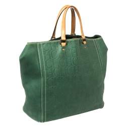 Pre Owned Carolina Herrera Green/Beige Embossed Leather Andy Tote