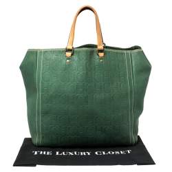 Pre Owned Carolina Herrera Green/Beige Embossed Leather Andy Tote