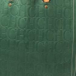 Pre Owned Carolina Herrera Green/Beige Embossed Leather Andy Tote