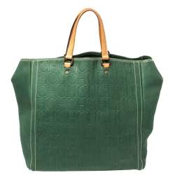 Pre Owned Carolina Herrera Green/Beige Embossed Leather Andy Tote