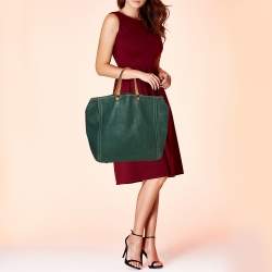 Pre Owned Carolina Herrera Green/Beige Embossed Leather Andy Tote