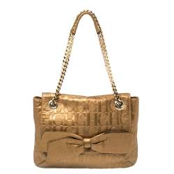 Pre Owned Carolina Herrera Gold Monogram Leather Audrey Shoulder Bag
