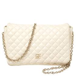 Pre Owned Carolina Herrera Off White Quilted Leather Flap Crossbody Bag