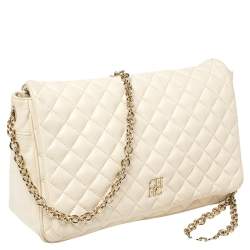 Pre Owned Carolina Herrera Off White Quilted Leather Flap Crossbody Bag