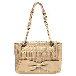 Pre Owned Carolina Herrera Gold Monogram Leather Audrey Shoulder Bag