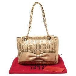 Pre Owned Carolina Herrera Gold Monogram Leather Audrey Shoulder Bag