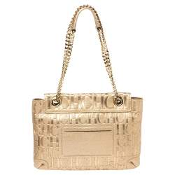 Pre Owned Carolina Herrera Gold Monogram Leather Audrey Shoulder Bag