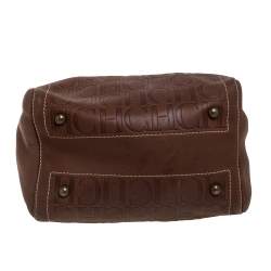 Pre Owned Carolina Herrera Brown Leather Monogram Embossed Andy Boston Bag
