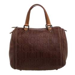 Pre Owned Carolina Herrera Brown Leather Monogram Embossed Andy Boston Bag