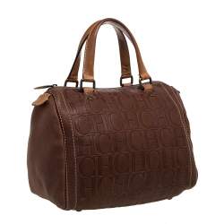 Pre Owned Carolina Herrera Brown Leather Monogram Embossed Andy Boston Bag
