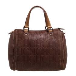 Pre Owned Carolina Herrera Brown Leather Monogram Embossed Andy Boston Bag