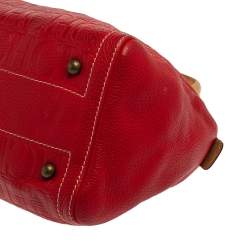 Pre Owned Carolina Herrera Red/Beige Monogram Embossed Leather Andy Boston Bag