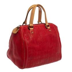 Pre Owned Carolina Herrera Red/Beige Monogram Embossed Leather Andy Boston Bag