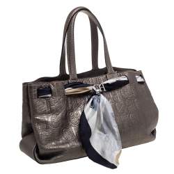 Pre Owned Carolina Herrera Metallic Grey Monogram Embossed Leather Scarf Tote