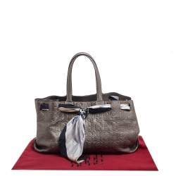 Pre Owned Carolina Herrera Metallic Grey Monogram Embossed Leather Scarf Tote