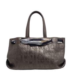 Pre Owned Carolina Herrera Metallic Grey Monogram Embossed Leather Scarf Tote