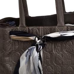 Pre Owned Carolina Herrera Metallic Grey Monogram Embossed Leather Scarf Tote