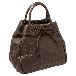 Pre Owned Carolina Herrera Dark Brown Monogram Quilted Leather Drawstring Tote