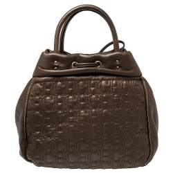Pre Owned Carolina Herrera Dark Brown Monogram Quilted Leather Drawstring Tote