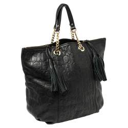 Pre Owned Carolina Herrera Black Monogram Leather Tassel Tote