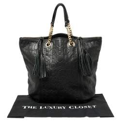 Pre Owned Carolina Herrera Black Monogram Leather Tassel Tote