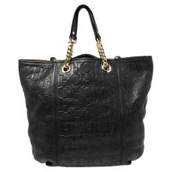 Pre Owned Carolina Herrera Black Monogram Leather Tassel Tote