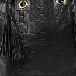 Pre Owned Carolina Herrera Black Monogram Leather Tassel Tote