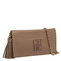 Pre Owned Carolina Herrera Beige Perforated Logo Leather Flap Tassel Shoulder Bag