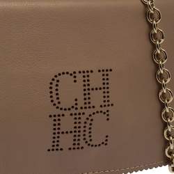 Pre Owned Carolina Herrera Beige Perforated Logo Leather Flap Tassel Shoulder Bag