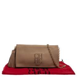 Pre Owned Carolina Herrera Beige Perforated Logo Leather Flap Tassel Shoulder Bag
