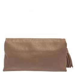 Pre Owned Carolina Herrera Beige Perforated Logo Leather Flap Tassel Shoulder Bag