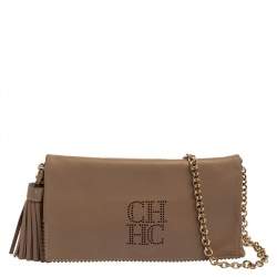Pre Owned Carolina Herrera Beige Perforated Logo Leather Flap Tassel Shoulder Bag