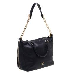 Pre Owned Carolina Herrera Black Leather Zip Satchel 
