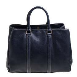 Pre Owned Carolina Herrera Navy Blue Pebbled Leather Large Matteo Tote