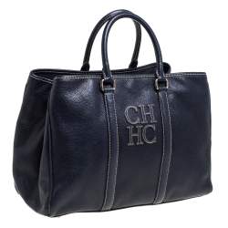 Pre Owned Carolina Herrera Navy Blue Pebbled Leather Large Matteo Tote