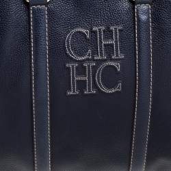 Pre Owned Carolina Herrera Navy Blue Pebbled Leather Large Matteo Tote