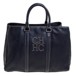 Pre Owned Carolina Herrera Navy Blue Pebbled Leather Large Matteo Tote