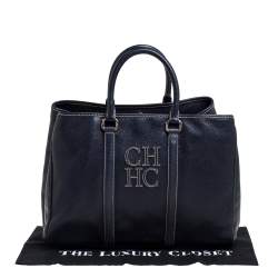 Pre Owned Carolina Herrera Navy Blue Pebbled Leather Large Matteo Tote