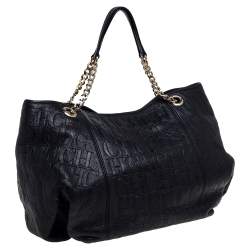 Pre Owned Carolina Herrera Black Monogram Leather Chain Hobo