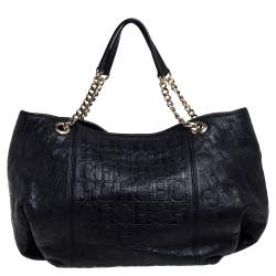 Pre Owned Carolina Herrera Black Monogram Leather Chain Hobo