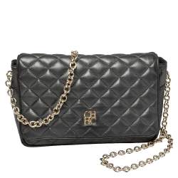 Pre Owned Carolina Herrera Dark Grey Quilted Leather Flap Chain Bag