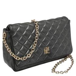 Pre Owned Carolina Herrera Dark Grey Quilted Leather Flap Chain Bag