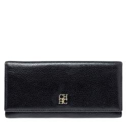 Pre Owned Carolina Herrera Black Leather Flap Continental Wallet