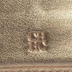 Pre Owned Carolina Herrera Gold Floral Embossed Leather Trifold Continental Wallet