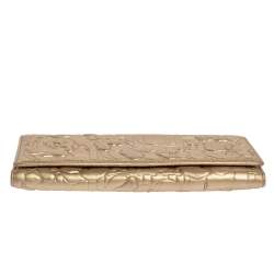 Pre Owned Carolina Herrera Gold Floral Embossed Leather Trifold Continental Wallet