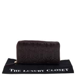 Pre Owned Carolina Herrera Brown Monogram Leather Zip Around Wallet