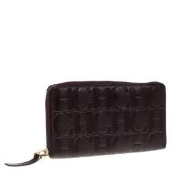 Pre Owned Carolina Herrera Brown Monogram Leather Zip Around Wallet