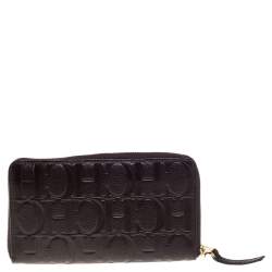 Pre Owned Carolina Herrera Brown Monogram Leather Zip Around Wallet