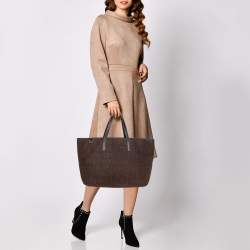 Pre Owned Carolina Herrera Dark Brown Monogram Embossed Leather Shopper Tote